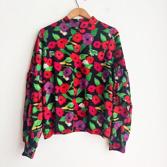 Zara Colourful Floral Balloon Sleeve Long Sleeve Top M - Picture 1 of 7